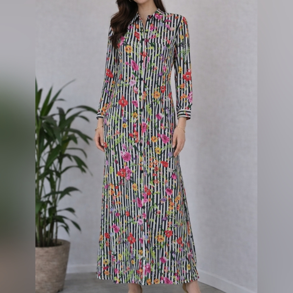 Philosophy Floral Striped Maxi Shirt Dress Size 10 Black White Long Sleeve